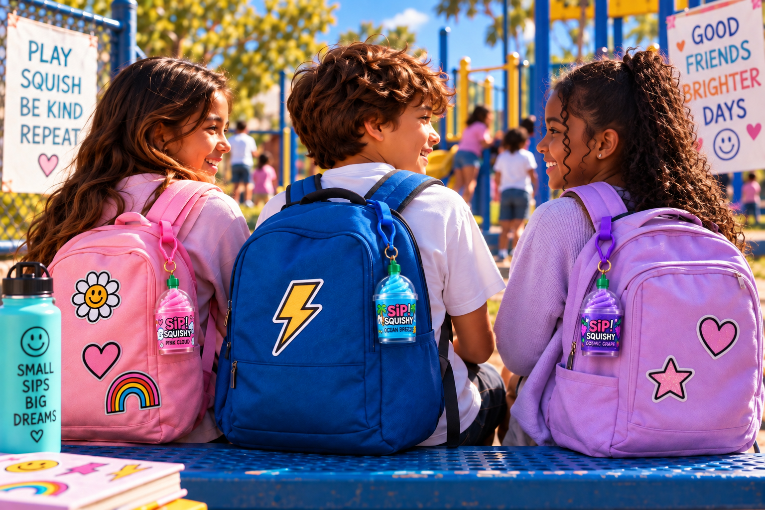 Three children at a playground, each with a Sip Squishy charm clipped to a backpack